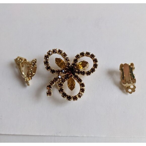 Vintage Rhinestone Bow Brooch & Clip-On Earring Gold tone topaz brown tone - Picture 8 of 9